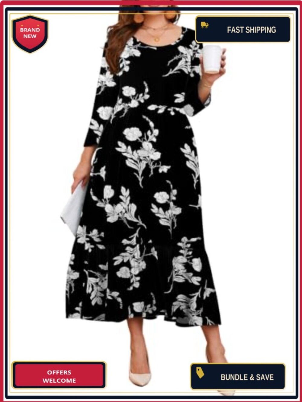 Plus Size Maxi Dress with Pockets 3/4 Sleeve Rayon Spandex